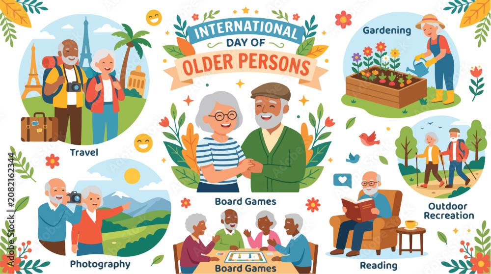 Fototapeta premium Celebrating International Day of Older Persons with active seniors enjoying travel, gardening, and board games