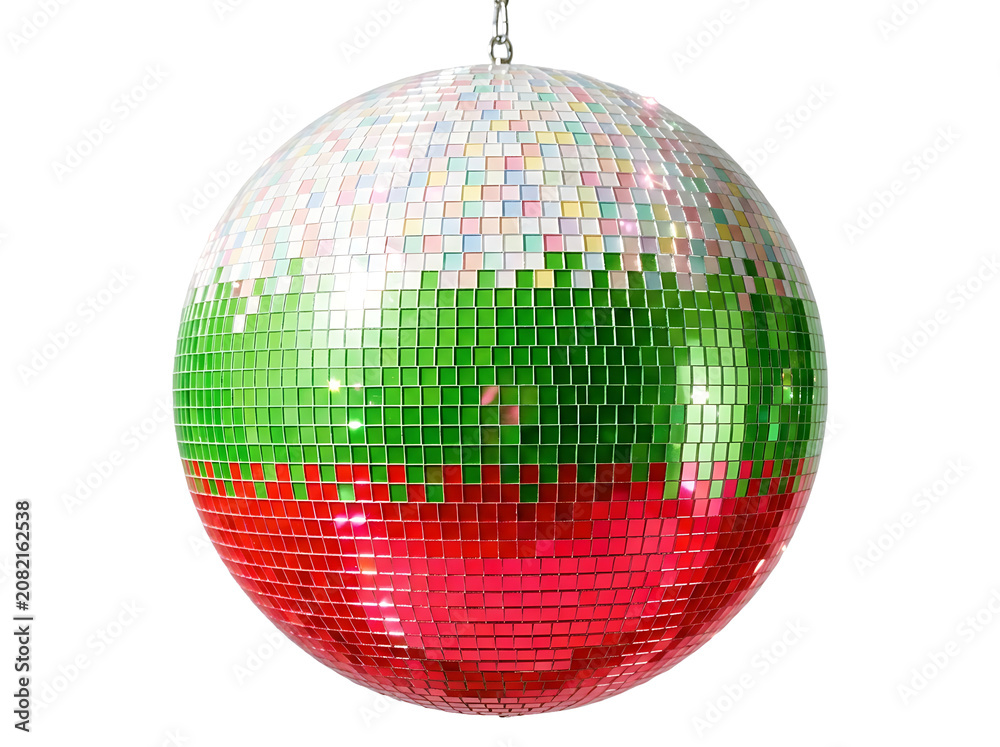 Fototapeta premium Reflecting Light from a Multicolored Disco Ball with Red and Green Mirror Tiles on transparent Background