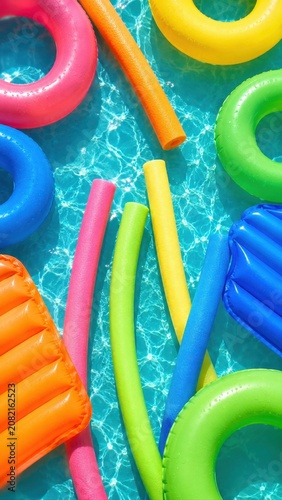Colorful Pool Floats and Noodles in Blue Water