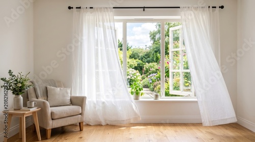 Bright airy living room with open window and sheer white curtains overlooking lush garden with colorful flowers and greenery natural sunlight illuminating cozy space for relaxation