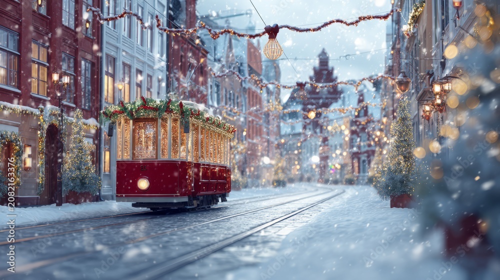 Obraz premium Festive Christmas Tram Traveling Through Snowy European Street Scene