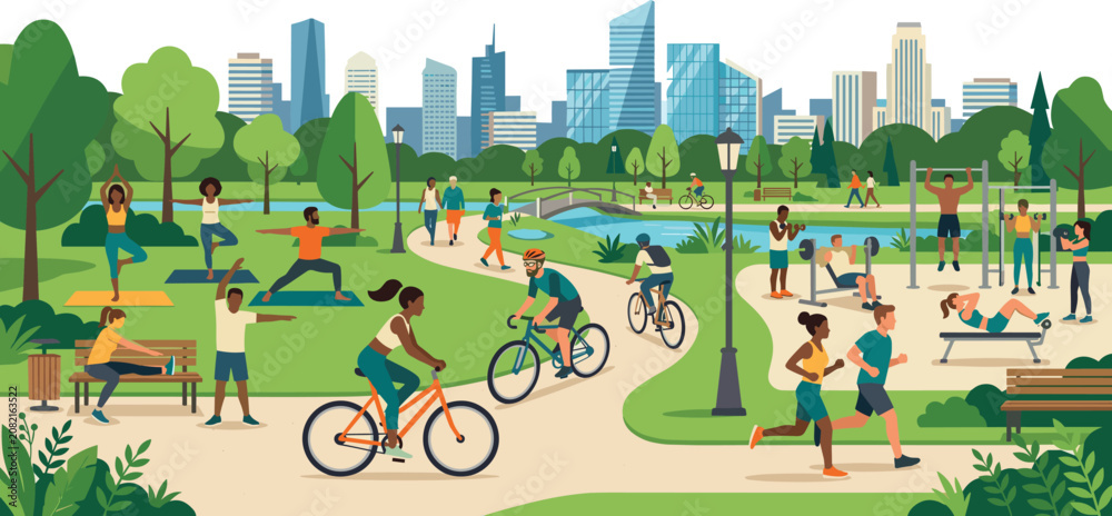 Fototapeta premium People Doing Fitness Activities and Exercising in City Park with Modern Downtown Skyline Background Vector Illustration Concept