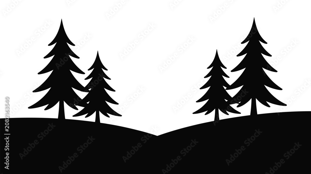 Obraz premium Minimal Winter Landscape Vector Illustration with Black Silhouette Pine Trees on Snowy Hills for Christmas Backgrounds, Seasonal Cards, and Holiday Decorations Design