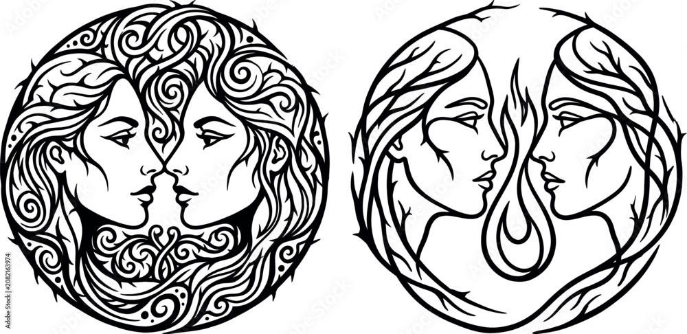 Fototapeta premium Stylized twin goddess faces in circular ornaments with ornament mythology bohemian esoteric