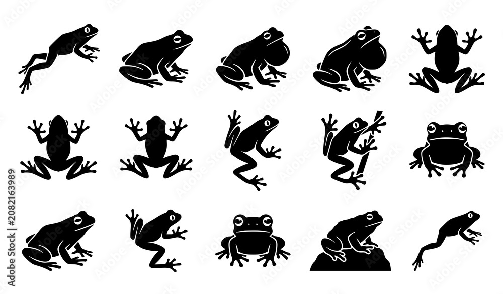 Fototapeta premium Frog Silhouette Collection Featuring Different Jumping Sitting Crawling and Amphibian Wildlife Pose Illustrations