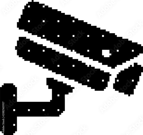 Black and white pixel art illustration of a security camera