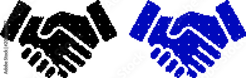 Pixel art handshake icons in black and blue on for business partnership