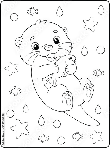 Cute cartoon otter holding a fish for children coloring page with stars and bubbles