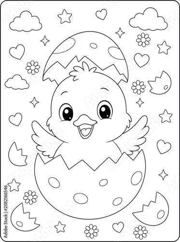 Cute baby chick hatching from an egg coloring page for kids with hearts and stars