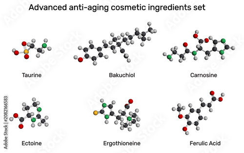 Advanced anti-aging skincare active cosmetic ingredients molecules. Ergothioneine, carnosine, ectoine, ferulic acid, taurine and bakuchiol. Scientific dermatology infographic. 3D render