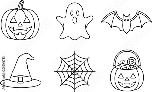 Set of cute Halloween line art icons featuring pumpkin  bat hat and candy bucket