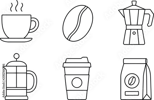 Set of coffee icons with cup bean moka pot french press and takeaway paper cup line art