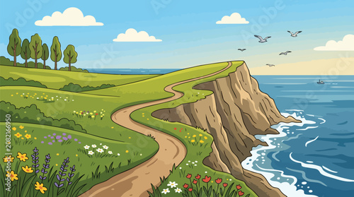 Beautiful Scenic Coastal Landscape with Winding Path on High Cliff Overlooking Blue Ocean Sea and Summer Meadow