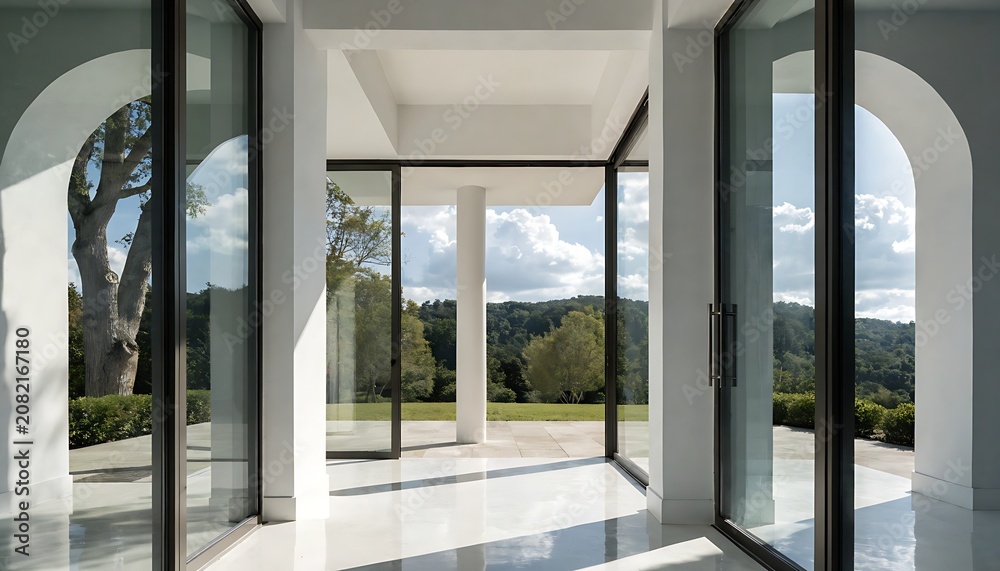 Fototapeta premium modern office building,interior, architecture, city, open, view, glass, new, garden, building, nobody, room, table, space, design, office, floor, home, window, contemporary, wall, door
