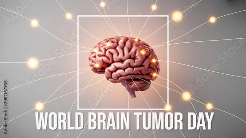 World Brain Tumor Day awareness illustration with human brain neural connections glowing points and frame symbolizing medical support