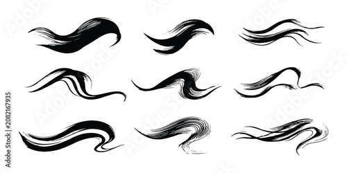 Photography Set of black wavy brush strokes dynamic fluid ink lines abstract shape vector graphic illustration