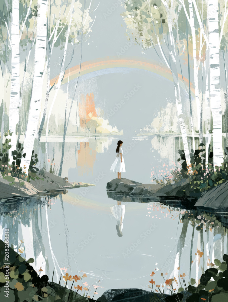 Fototapeta premium Enchanting Birch Trees, Rainbow Reflection, Serene Lake Landscape with Girl, Watercolor Storybook Illustration