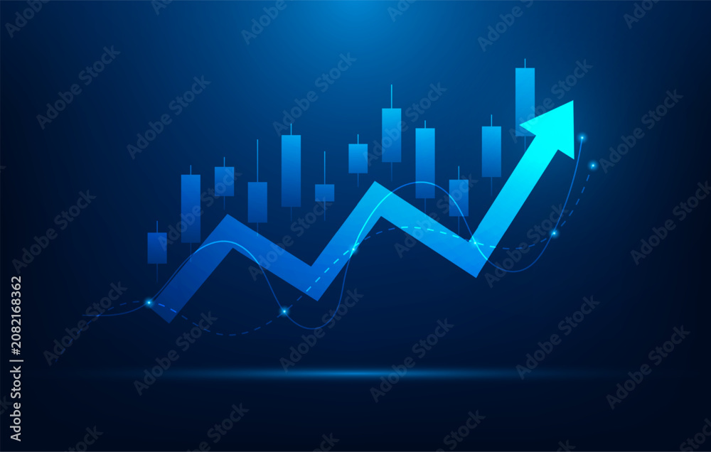 Naklejka premium business graph arrow up achievement motivation and strategy to success on blue background. revenue profit increase growth. stock market trend. vector illustration fantastic technology.