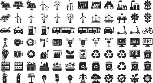 Set of 100 Renewable Energy and Sustainable Technology Vector Icons isolated PNG with Transparent Background