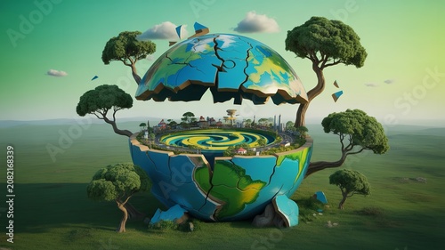 Surreal cracked globe floating above grassy landscape revealing spiral inner world with trees buildings and environmental symbolism