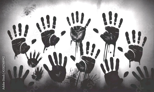 Quadro em tela Spooky dripping black handprints smeared on a textured wall hallo ween horror co