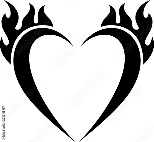 Flaming Heart Tribal Tattoo Illustration, Black Fire Love Symbol Element, y2k and brutalism icon

