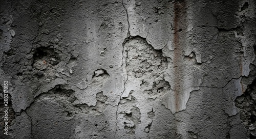 A weathered concrete wall displays extensive damage, featuring deep cracks, peeling paint, and bullet holes. The texture is rough and uneven, with areas of exposed aggregate.