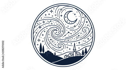 Quadro su tela Starry Night Landscape Circular Badge Design
