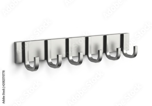 Modern wall mounted stainless steel coat rack with six hooks on white background.