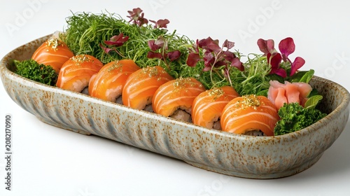 Elegant Salmon Sushi Roll Platter on White Background