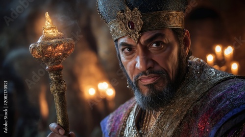 Regal sorcerer portrait with glowing ceremonial staff