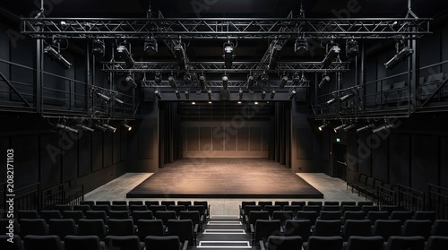 A dark theater stage is illuminated by a grid of overhead lights. Rows of black theater seats face the empty stage.