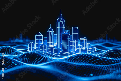 A 3D wireframe holographic city model sits atop glowing digital waveform surfaces, representing smart urban technology and data networks.