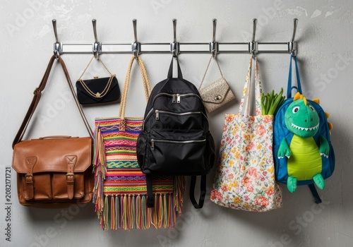 Variety of colorful bags and backpacks hanging on a metal wall rack.
