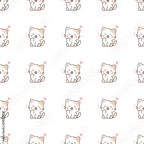 Fotografie Cute cartoon cat sitting and giggling with pink hearts seamless pattern, orderly