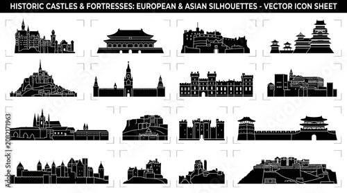 Tableau sur toile Historic Castles & Fortresses: European & Asian Silhouettes - Vector Icon Sheet