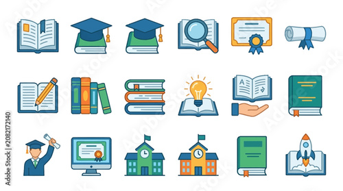 Sleek Educational Icons Set Colorful Illustrations of Books Graduation Hats Certificates and School Symbols for Learning and Academic Design