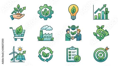 Dynamic Illustrated Icons Showcasing Sustainable Growth Eco Innovation and Green Business Concepts in Vibrant Green Blue and Yellow