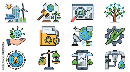 Elegant Collection of Colorful Sustainable Development and Eco Friendly Innovation Icons Featuring Solar Panels Wind Turbines Trees Gears and Data Charts