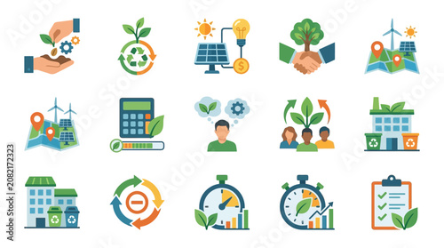 Modern Illustrated Icons Showcasing Sustainable Energy Recycling Green Living and Eco Friendly Concepts with Bright Colors