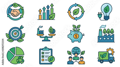 Creative Colorful Illustrated Icons Set Featuring Sustainable Development Growth Partnership and Eco Friendly Concepts