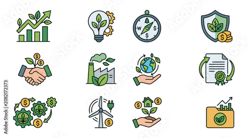 Corporate Green Finance and Sustainable Investment Concepts Illustrated with Colorful Icons and Symbols