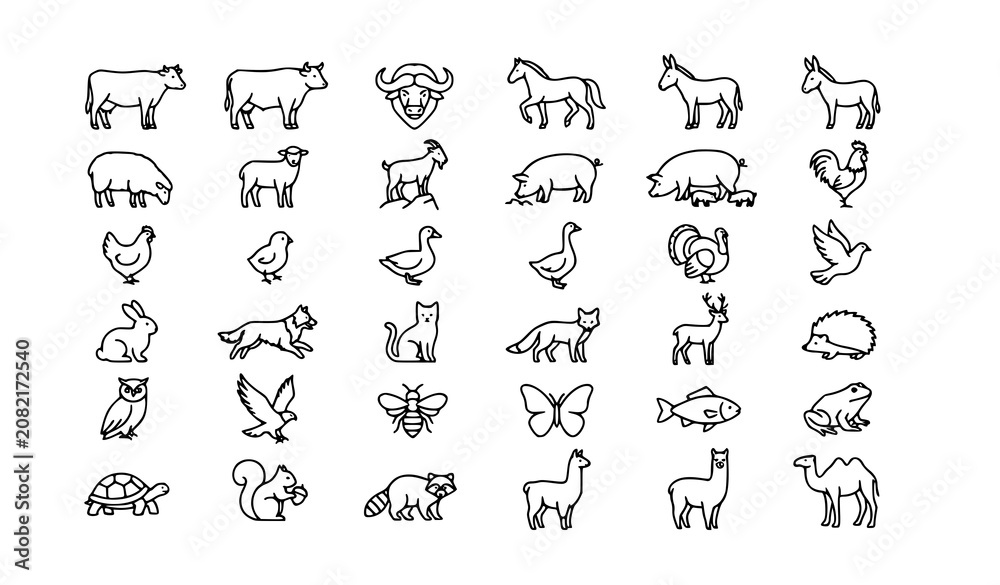 Fototapeta premium Farm Animal Outline Vector Icon Collection with Livestock Poultry Pet and Wildlife Line Art Symbols Isolated on White for Agriculture Veterinary and Education