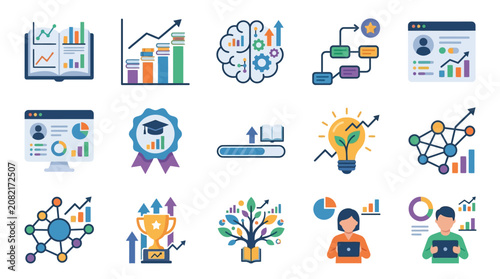 Sleek Colorful Infographic Icons Showcasing Analytics Education Innovation and Achievement Concepts with Modern Visuals