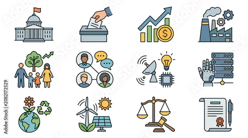 Modern Illustrated Icons Set Featuring Government Economy Technology Family Sustainability and Justice in Minimalist Style