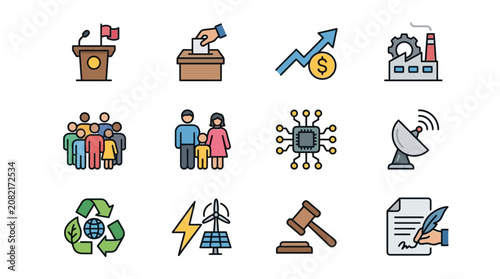 Minimalist Colorful Icons Set Featuring Politics Economy Society Technology Environment and Law Concepts