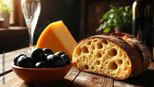 Traditional Italian Pane di Altamura sourdough bread with yellow durum wheat semolina crumb, served on a rustic wooden table with black olives, cheese, and red wine.