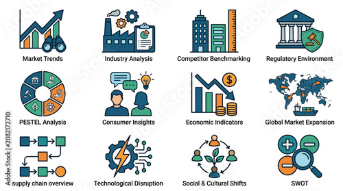 Sleek Infographic Showcasing Key Business Analysis Elements with Vibrant Icons and Colorful Visuals