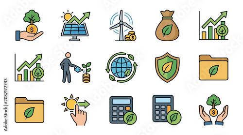 Minimalist Flat Illustrations of Sustainable Finance Green Investments and Eco Economy Concepts with Icons