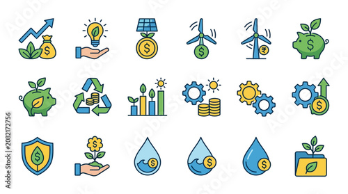 Clean Colorful Illustrations of Sustainable Finance Growth and Eco Economy Concepts with Icons with high quality professional line art symbols for modern creative design and digital branding projects